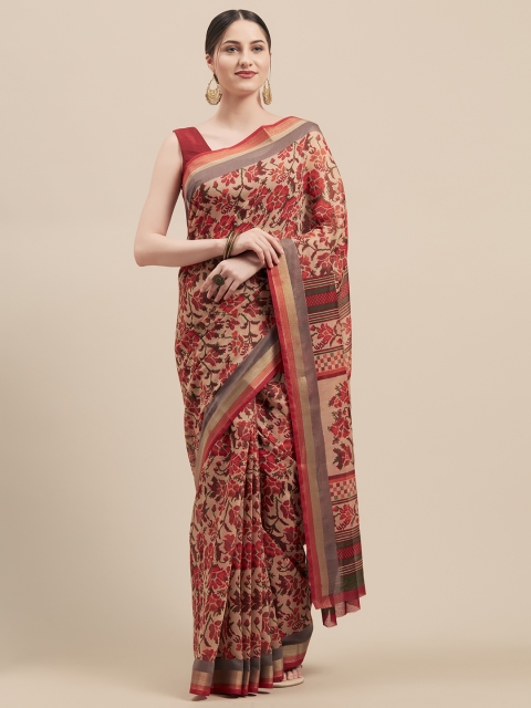 

Vaamsi Beige & Red Linen Blend Printed Saree
