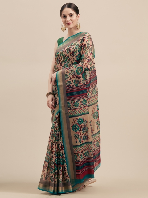 

Vaamsi Beige & Green Linen Blend Printed Saree