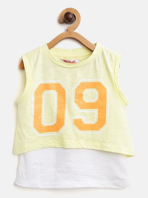 

Nauti Nati Girls Yellow & White Printed Layered Crop Top with Camisole