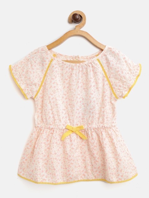 

Nauti Nati Girls Cream-Coloured & Pink Floral Print Cinched Waist Top