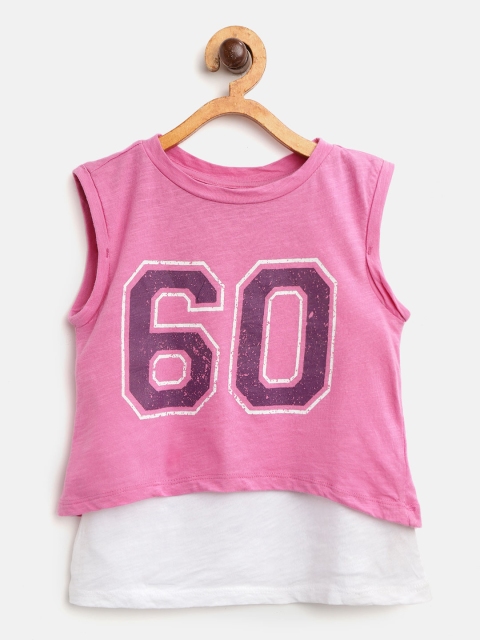 

Nauti Nati Girls Pink & White Printed Layered Crop Top with Camisole