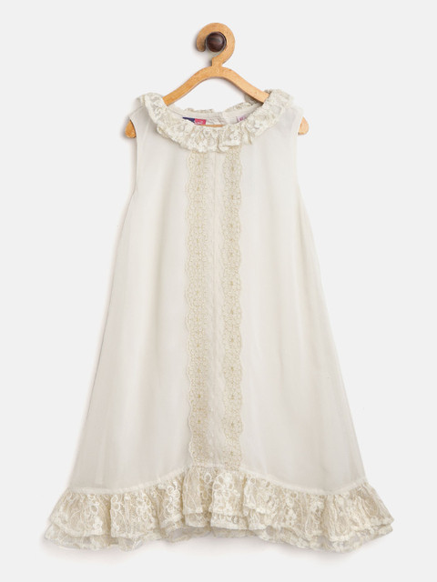 

Nauti Nati Girls Off-White Solid A-Line Dress with Lace Inserts Detail
