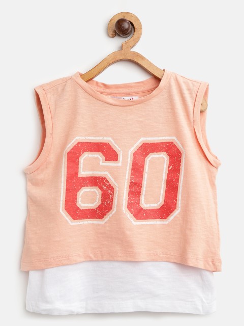 

Nauti Nati Girls Coral Orange & White Printed Layered Crop Pure Cotton Top with Camisole