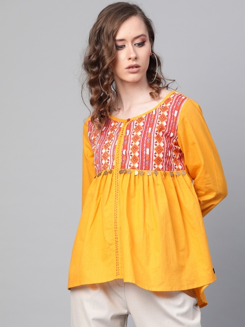 

clorals Women Mustard Yellow & Red Printed Empire Top