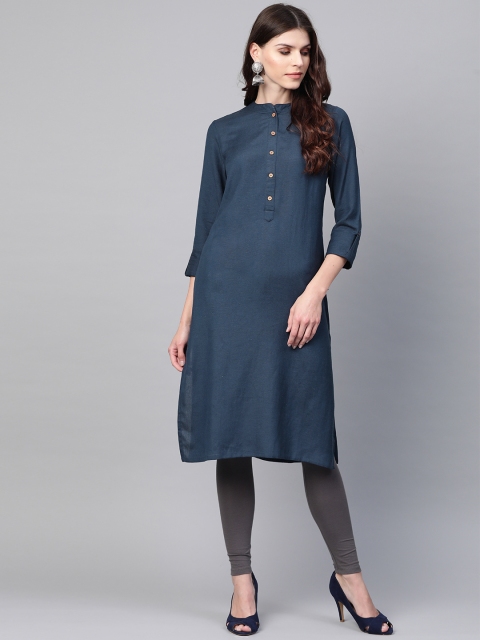 

clorals Women Navy Blue Solid Straight Kurta