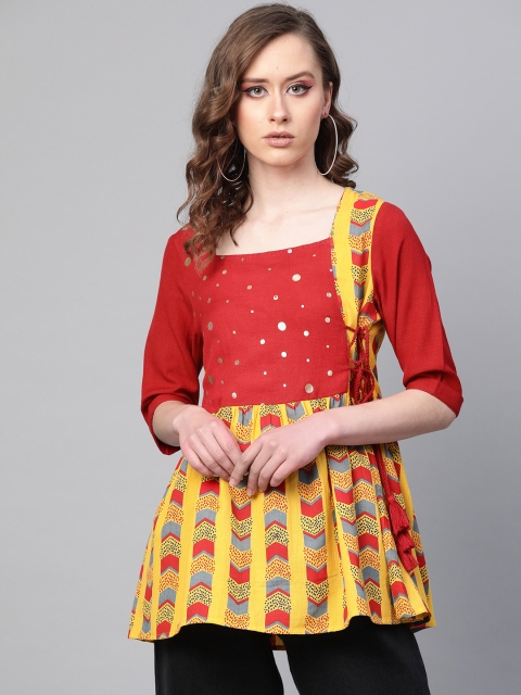 

clorals Women Mustard Yellow & Maroon Printed A-Line Top