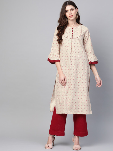 

clorals Women Beige & Maroon Printed Straight Kurta