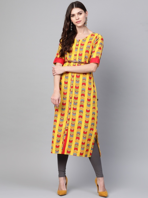 

clorals Women Mustard Yellow & Red Printed Straight Kurta