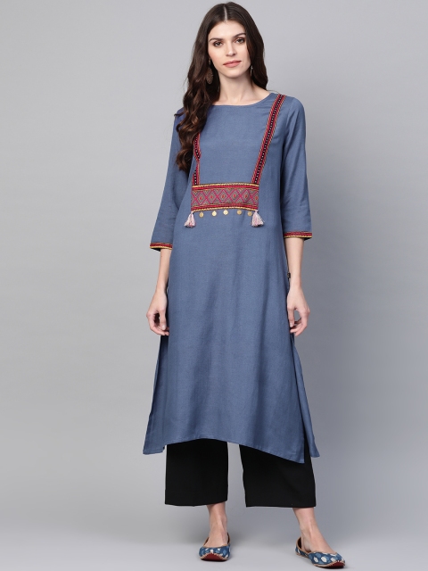 

clorals Women Blue Yoke Design A-Line Asymmetric Kurta