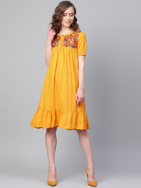 

clorals Women Mustard Yellow Solid A-Line Dress