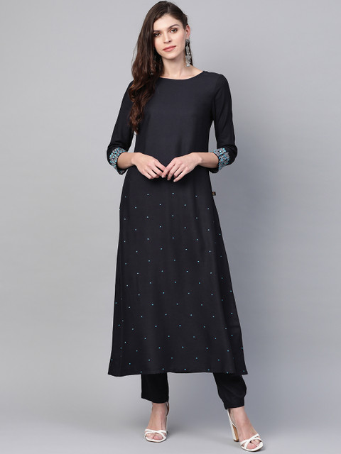 

clorals Women Navy Blue Embroidered A-Line Kurta with Trousers