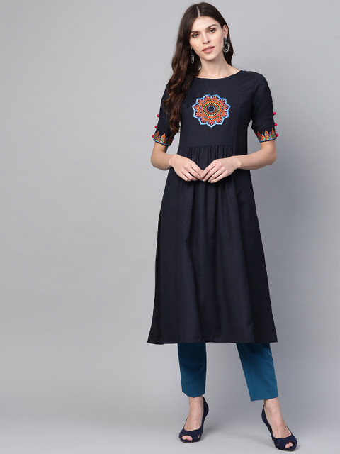 

clorals Women Navy Blue Yoke Design A-Line Kurta