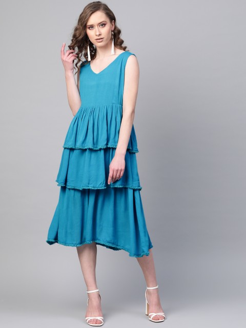 

clorals Women Blue Solid Layered A-Line Dress