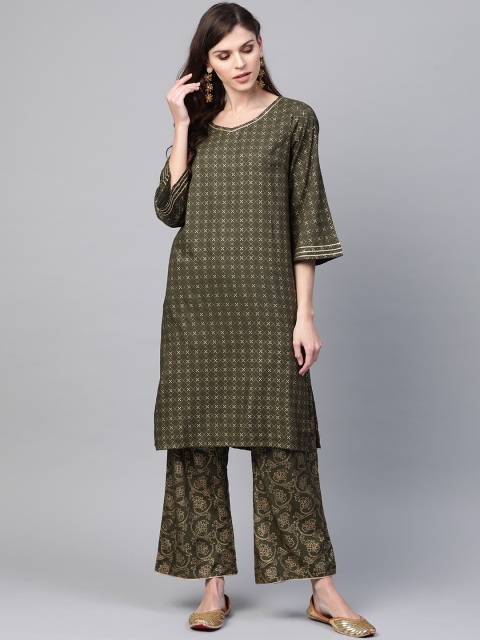 

clorals Women Olive Green & Golden Printed Kurta with Palazzos