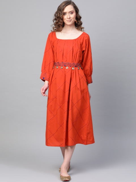 

clorals Women Orange & Blue Checked A-Line Dress