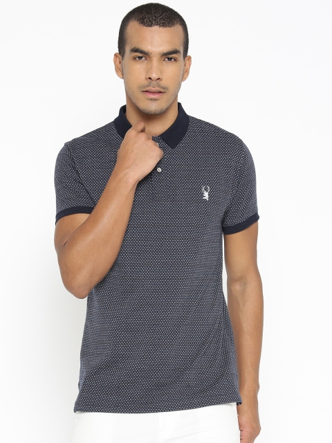 

PORTBLAIR Men Navy & Off-White Self-Design Polo Collar T-shirt, Navy blue