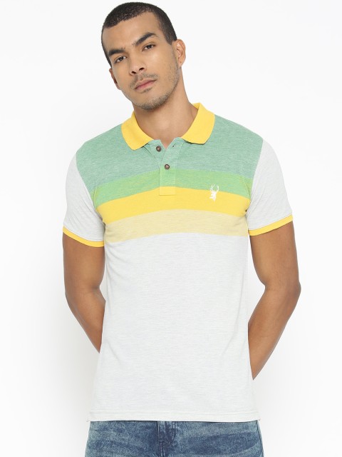 

PORTBLAIR Men Grey Melange & Yellow Striped Polo Collar T-shirt