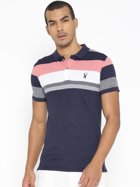 

PORTBLAIR Men Navy Blue & Pink Striped Polo Collar T-shirt