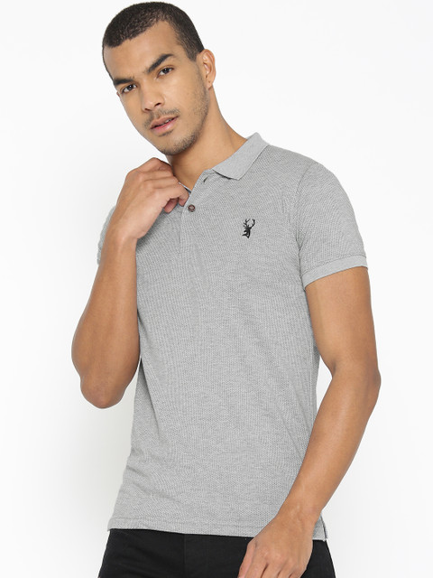 

PORTBLAIR Men Grey Melange & Black Self Design Polo Collar T-shirt