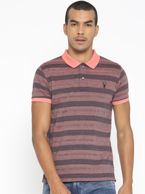 

PORTBLAIR Men Pink & Navy Blue Striped Polo Collar T-shirt