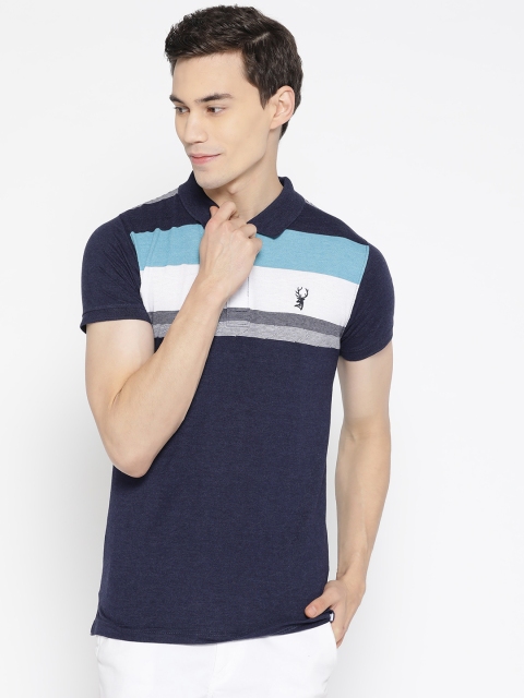 

PORTBLAIR Men Navy Blue Striped Polo Collar T-shirt