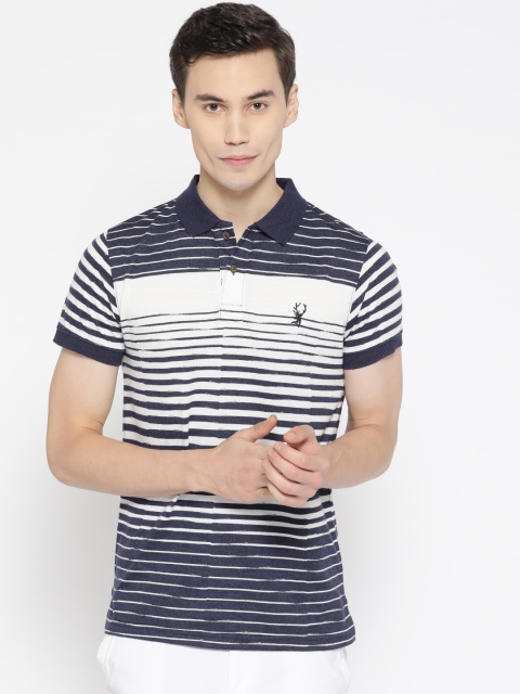 

PORTBLAIR Men Navy & White Striped Polo Collar T-shirt, Navy blue