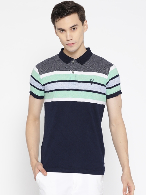 

PORTBLAIR Men Navy & Green Striped Polo Collar T-shirt, Navy blue