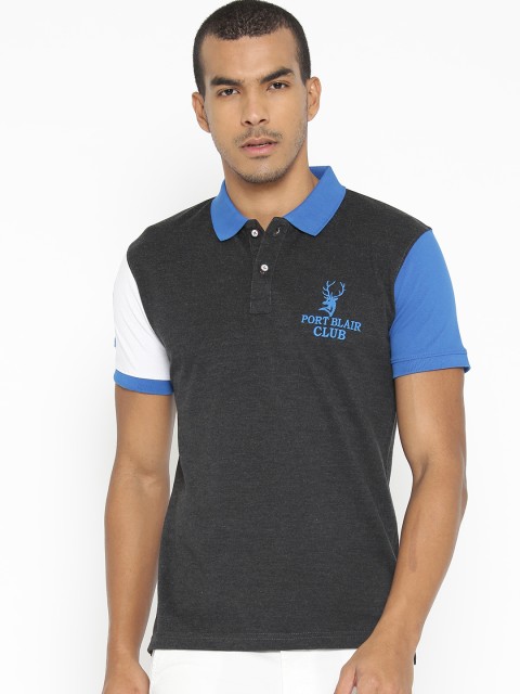 

PORTBLAIR Men Charcoal Grey Solid Polo Collar T-shirt