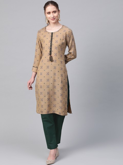 

Meeranshi Women Brown & Green Woven Design Kurta with Trousers
