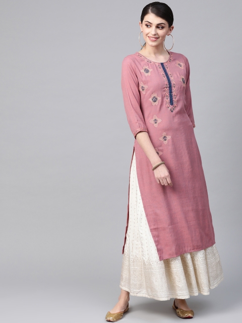 

Meeranshi Women Dusty Pink & Golden Embroidered Straight Kurta, Mauve