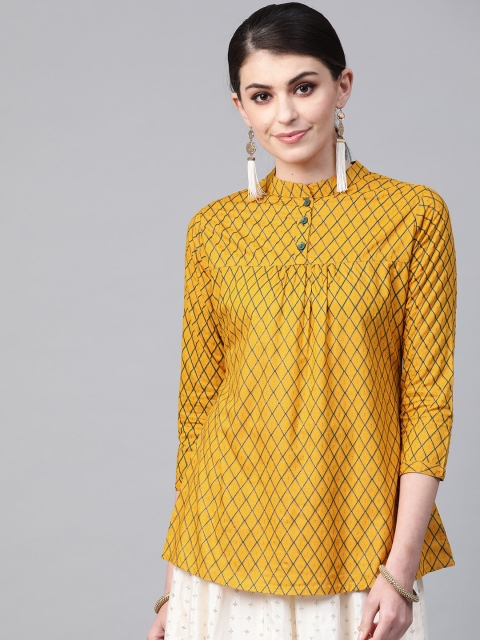 

Meeranshi Women Mustard Yellow & Green Checked Kurti