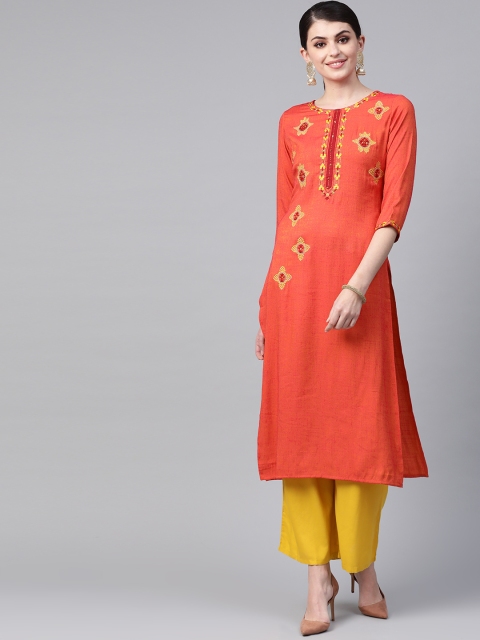 

Meeranshi Women Orange & Yellow Embroidered Straight Kurta