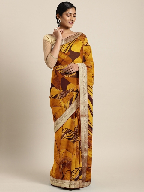 

Soch Mustard Yellow & Brown Poly Chiffon Woven Design Saree