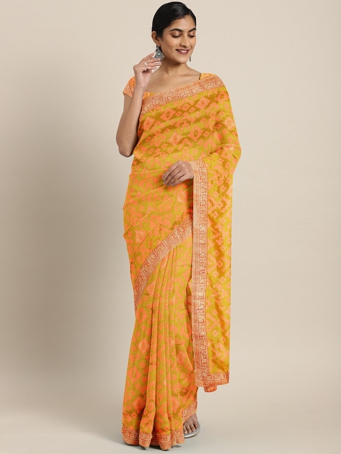 

Soch Mustard Yellow & Pink Pure Georgette Woven Design Saree