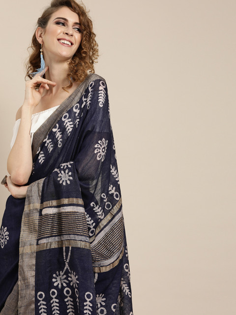 

Mitera Blue Silk Blend Printed Chanderi Saree