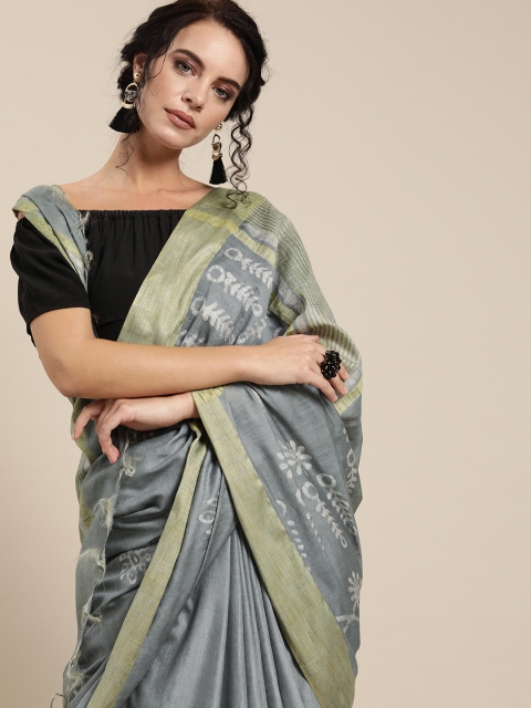 

Mitera Grey Silk Blend Printed Chanderi Saree