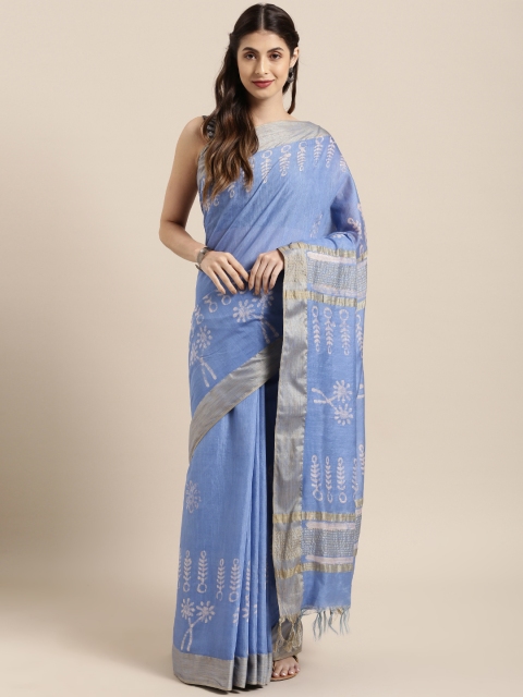 

Mitera Blue & Off-White Silk Blend Printed Chanderi Saree