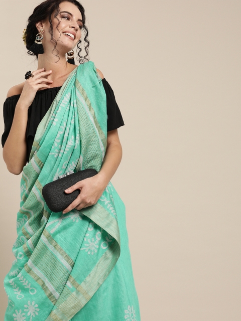 

Mitera Sea Green Silk Blend Printed Chanderi Saree