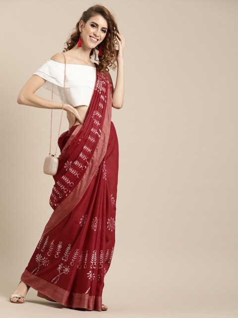 

Mitera Red Silk Blend Printed Chanderi Saree