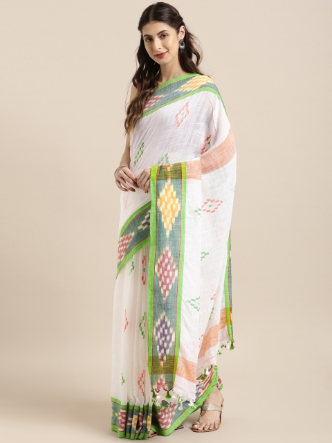 

Mitera White & Green Pure Cotton Woven Design Khadi Saree