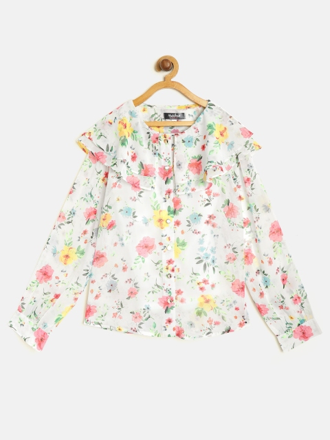 

Natilene Girls White & Pink Printed Semi Sheer Shirt Style Top with Camisole