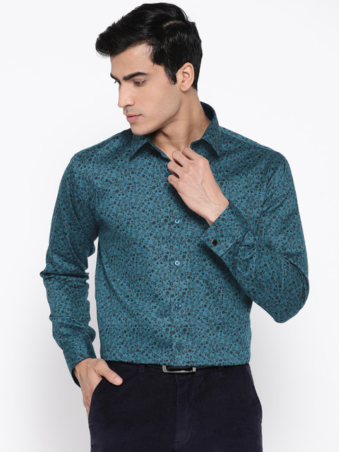 

Hancock Men Teal Blue & Black Slim Fit Printed Formal Shirt