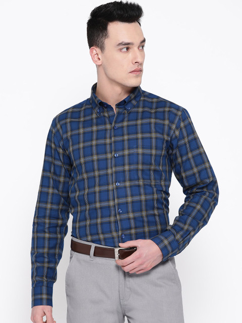

Hancock Men Blue & Beige Slim Fit Checked Formal Shirt