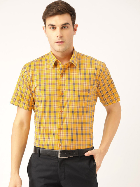 

Hancock Men Mustard Yellow & Navy Blue Slim Fit Checked Formal Shirt