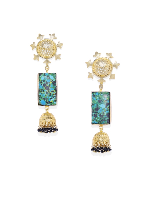 

ARUS Gold-Toned & Green Dome Shaped Drop Earrings