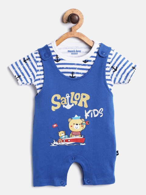 

Moms Love Boys Blue &White Striped T-shirt with Printed Dungarees