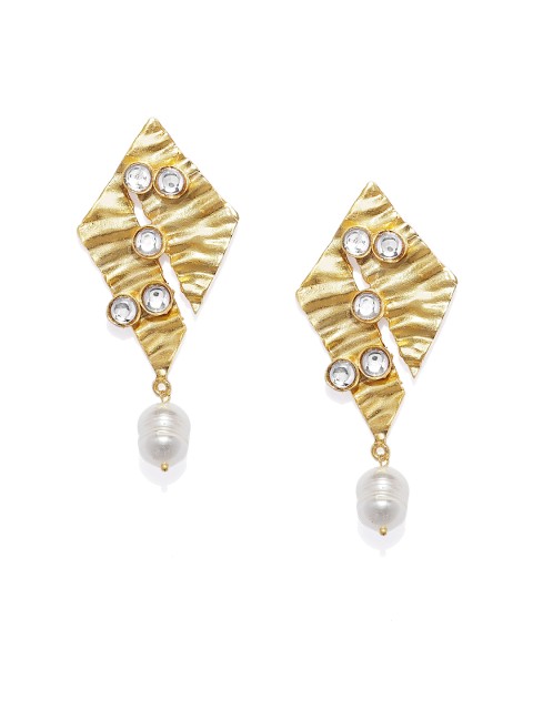 

Pipa Bella Off-White & Gold-Plated Geometric Kundan Studded Drop Earrings