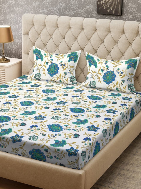 

SPACES White & Blue Floral 104 TC Cotton 1 Queen Bedsheet with 2 Pillow Covers