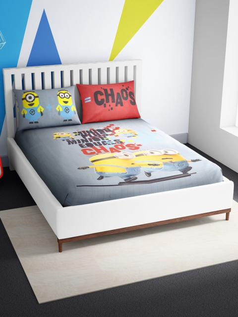 

SPACES Grey & Yellow Cartoon Characters 180 TC Cotton 1 Queen Bedsheet with 2 Pillow Covers