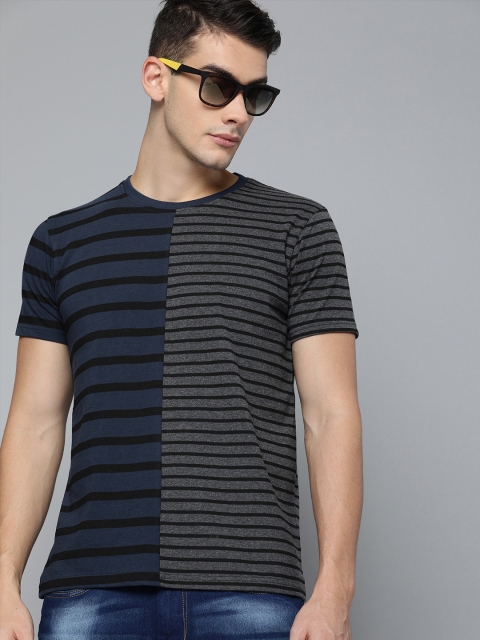 

HERE&NOW Men Charcoal Grey & Navy Blue Striped Round Neck T-shirt